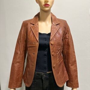 Brown Leather Jacket with Classic Blazer Cut and Tailored Fit